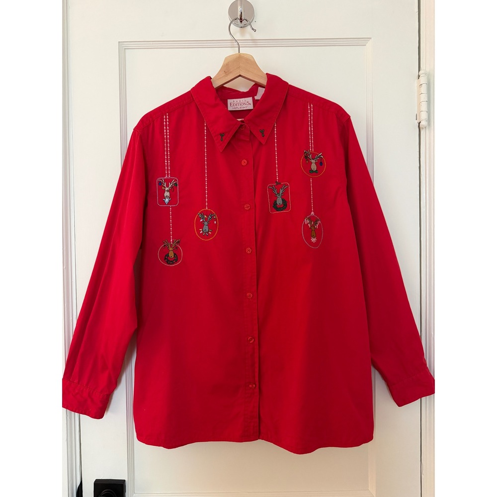 Vintage 90s Basic Editions Christmas Reindeer Embroidered Shirt XL Holiday